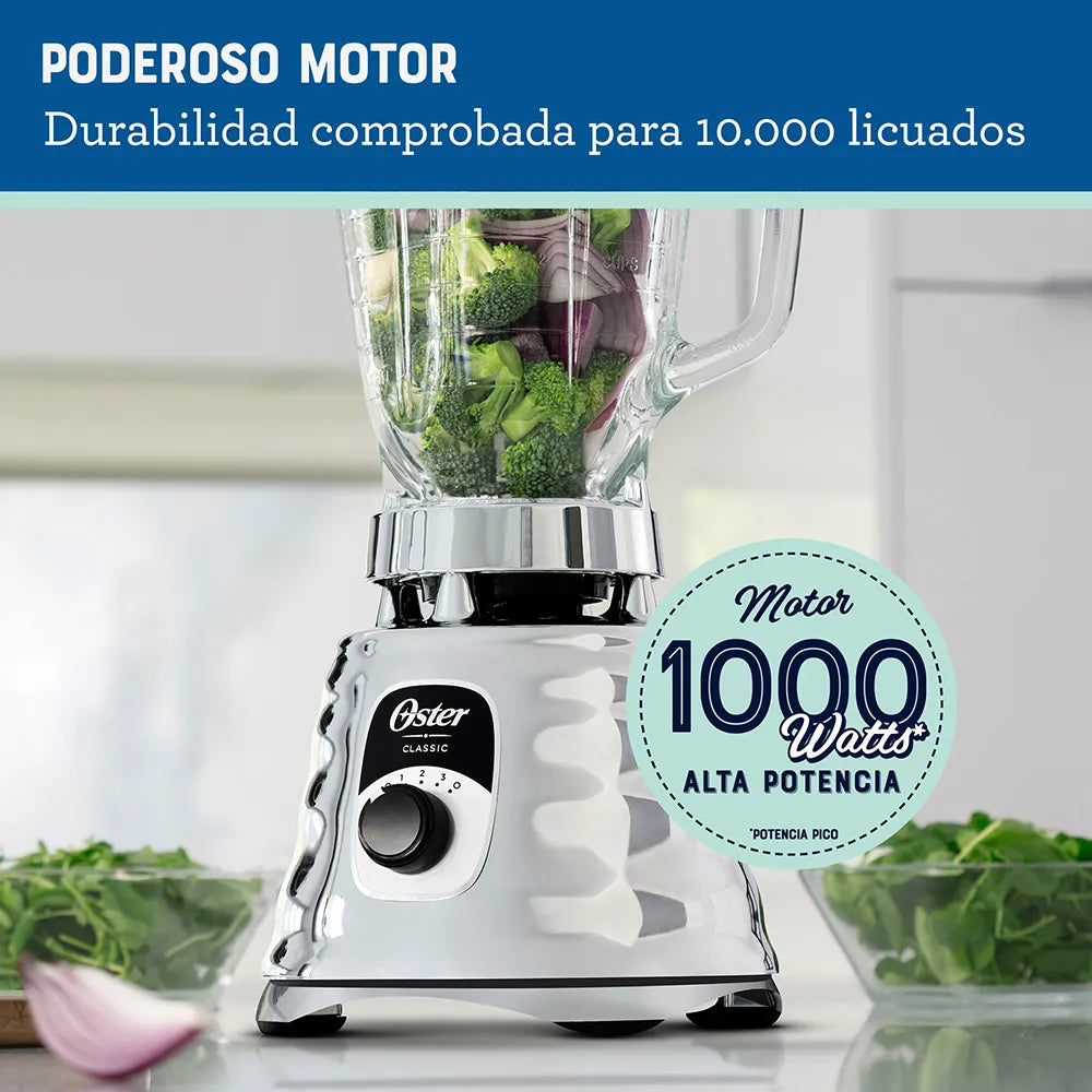Licuadora clásica Oster cromada con perilla ergonómica de 3 velocidades