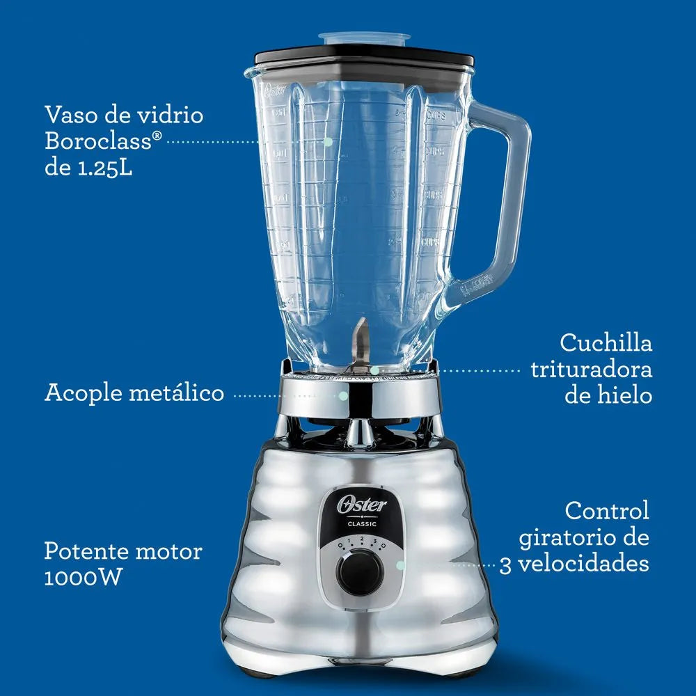 Licuadora clásica Oster cromada con perilla ergonómica de 3 velocidades